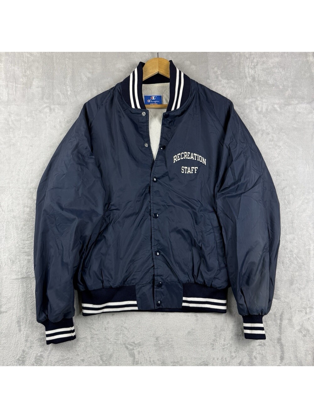 Vintage Champion Navy Recreation Staff Snap Bomber Jacket Mens XL Made USA Retro